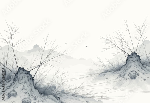 Obraz na płótnie Minimalist Ink Wash Painting of Misty Mountains and Bare Trees w salonie