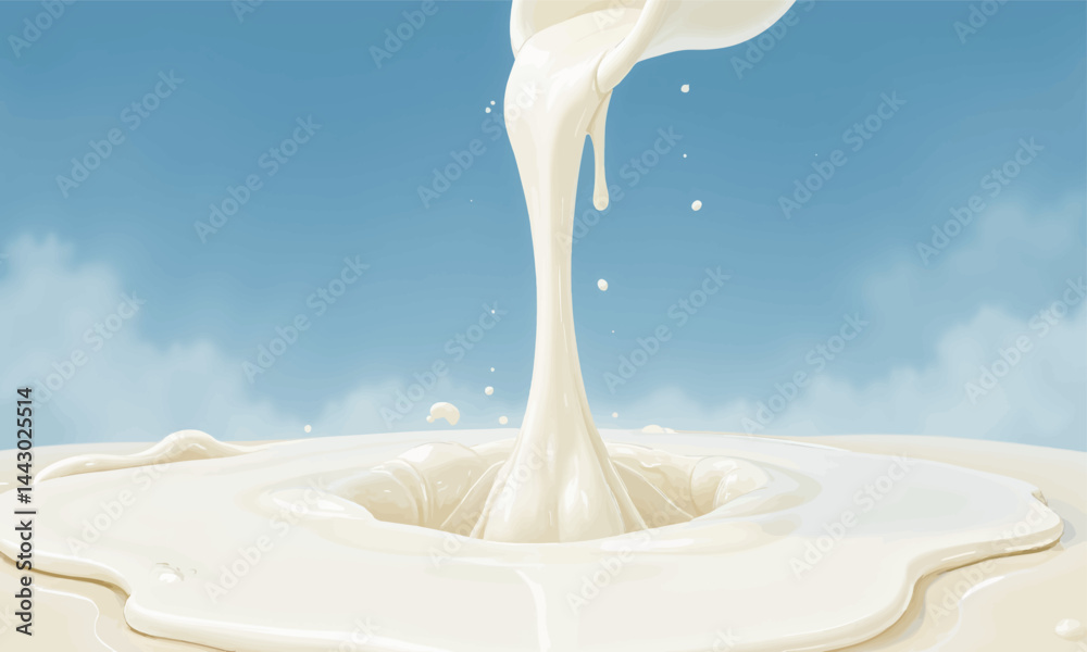 Milk Pouring Splash Against Blue Sky Backdrop