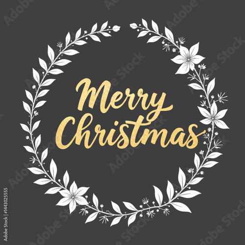 Merry Christmas golden text in white floral wreath