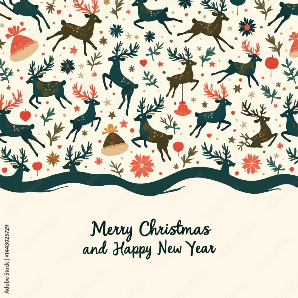 Merry Christmas and Happy New Year Reindeer Pattern Card
