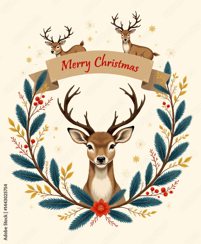 Merry Christmas Deer Wreath Illustration