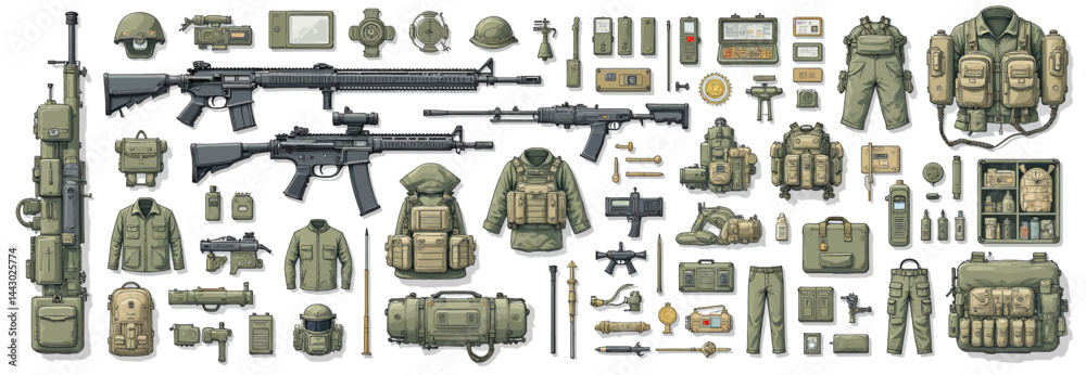 Military gear and weapons, tactical equipment layout