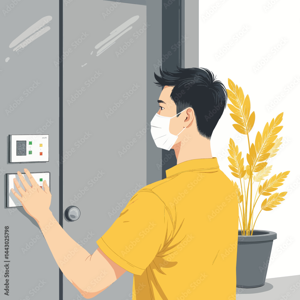 Masked man uses digital door entry system in modern building