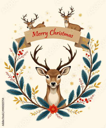 Obraz na płótnie Merry Christmas Deer Wreath Illustration w salonie