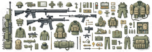Obraz na płótnie Military gear and weapons, tactical equipment layout w salonie