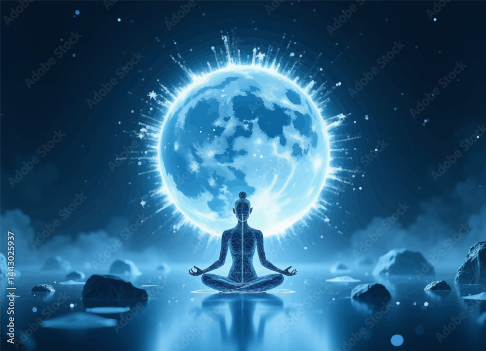 Meditating Figure with Luminous Lunar Sphere in Blue