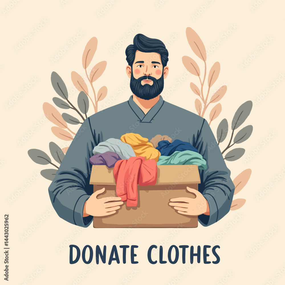 Man holding donation box with colorful clothes