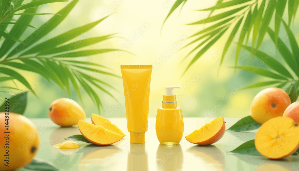 Mango skincare product with tropical palm leaves background