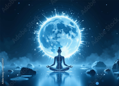 Obraz na płótnie Meditating Figure with Luminous Lunar Sphere in Blue w salonie