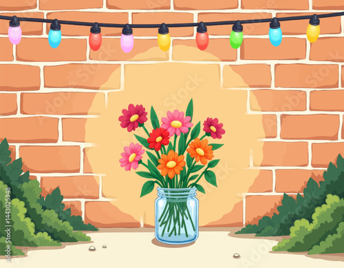 Obraz na płótnie Mason jar of flowers with brick wall and string lights w salonie