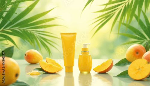 Mango skincare product with tropical palm leaves background
