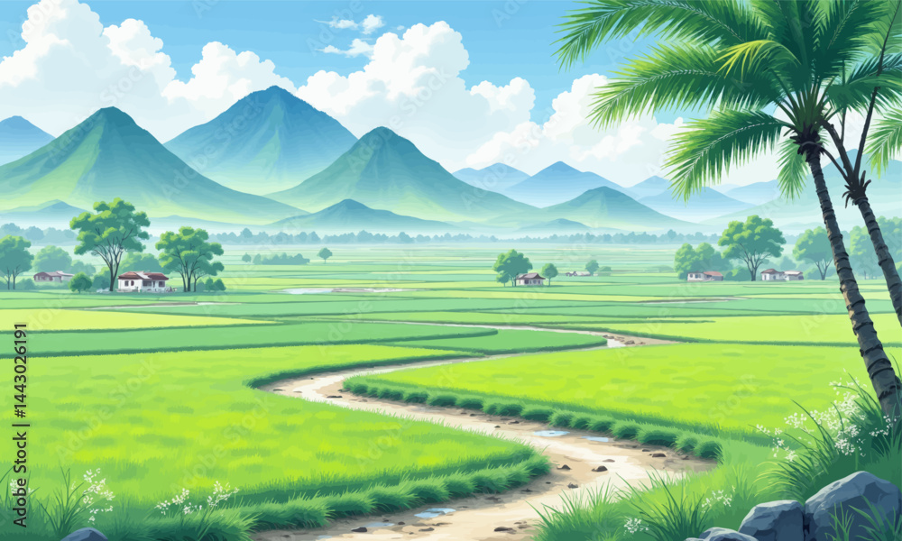 Lush Green Rice Paddy Fields with Distant Mountains