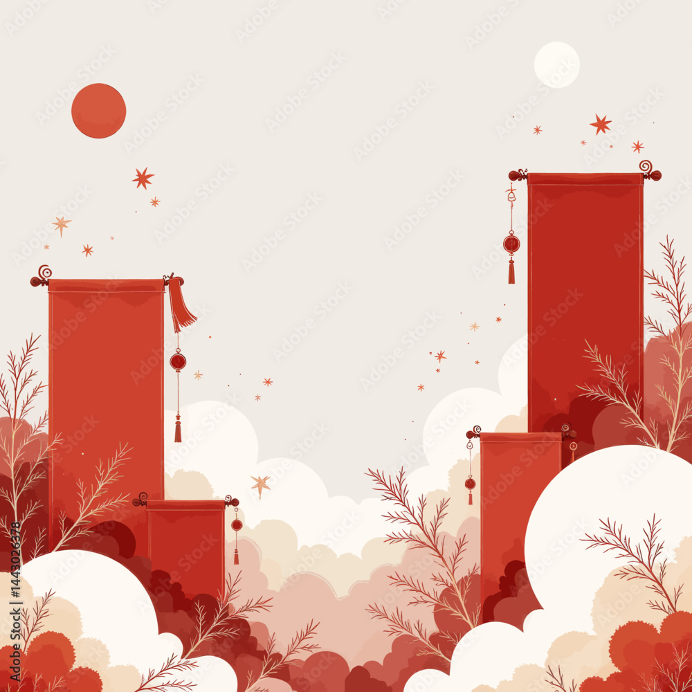 Lunar New Year background with red scrolls and clouds