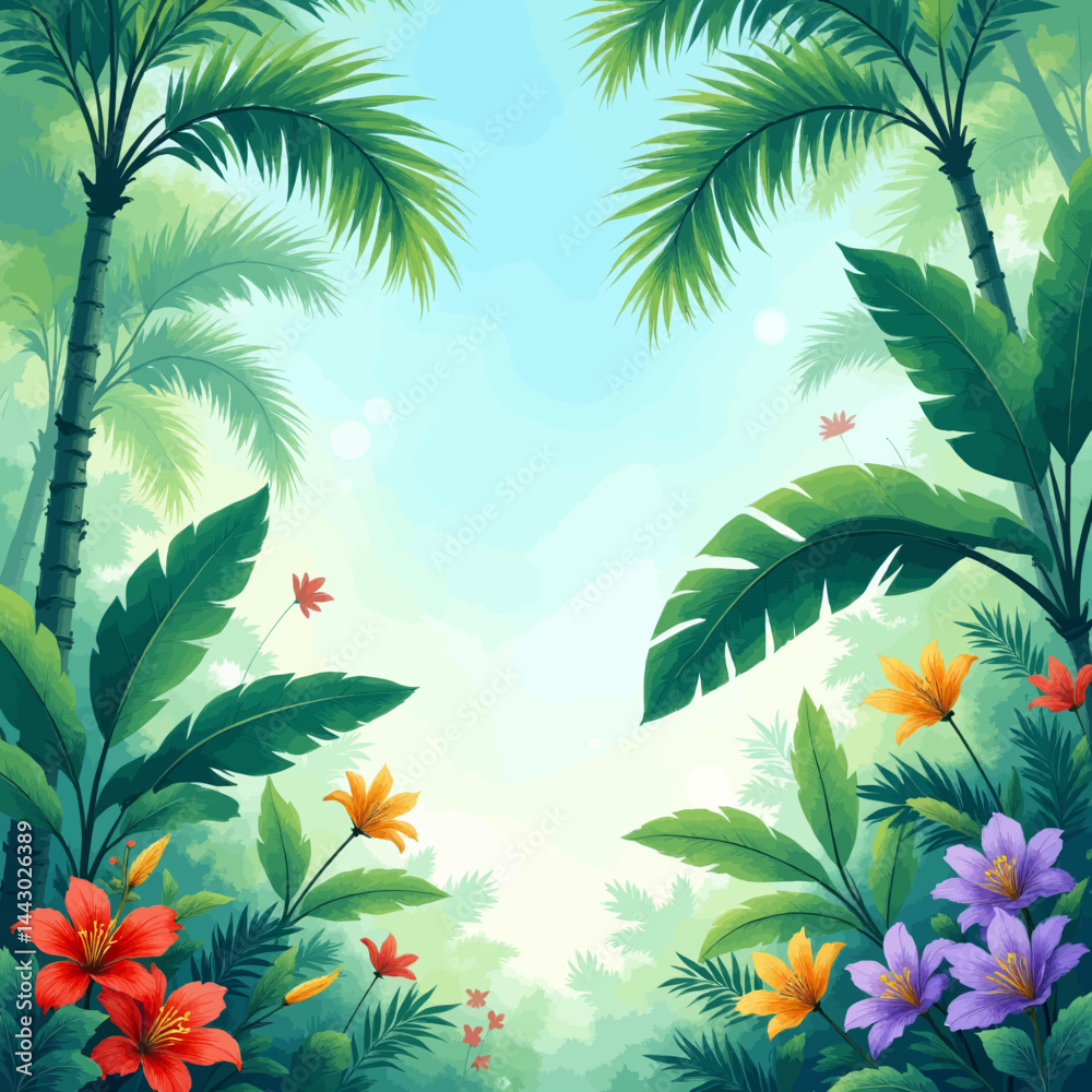 Lush tropical forest with vibrant flowers and palm trees