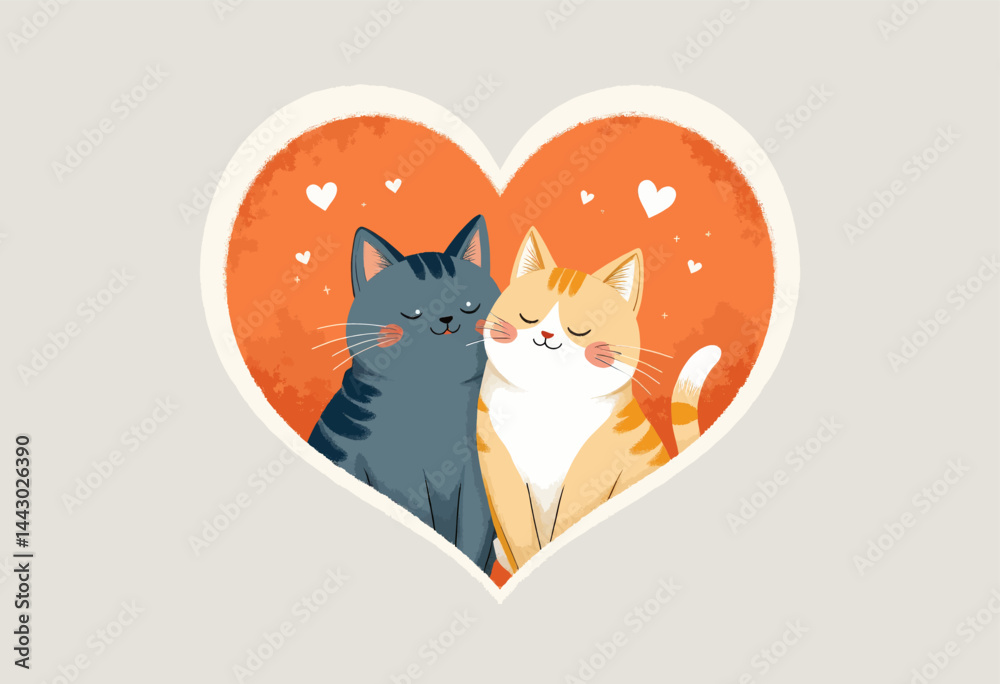 Loving Cats Cuddling in Orange Heart Shape