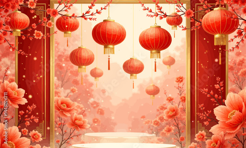 Lunar New Year Red Lanterns and Blossoms Podium Display