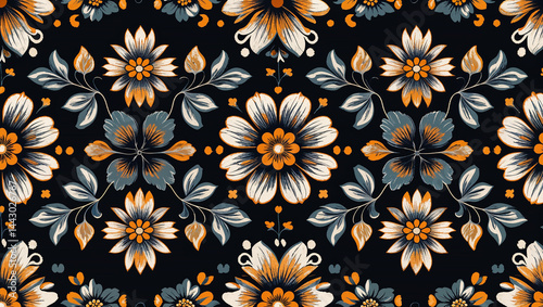 Seamless floral pattern blooming with elegance on dark background