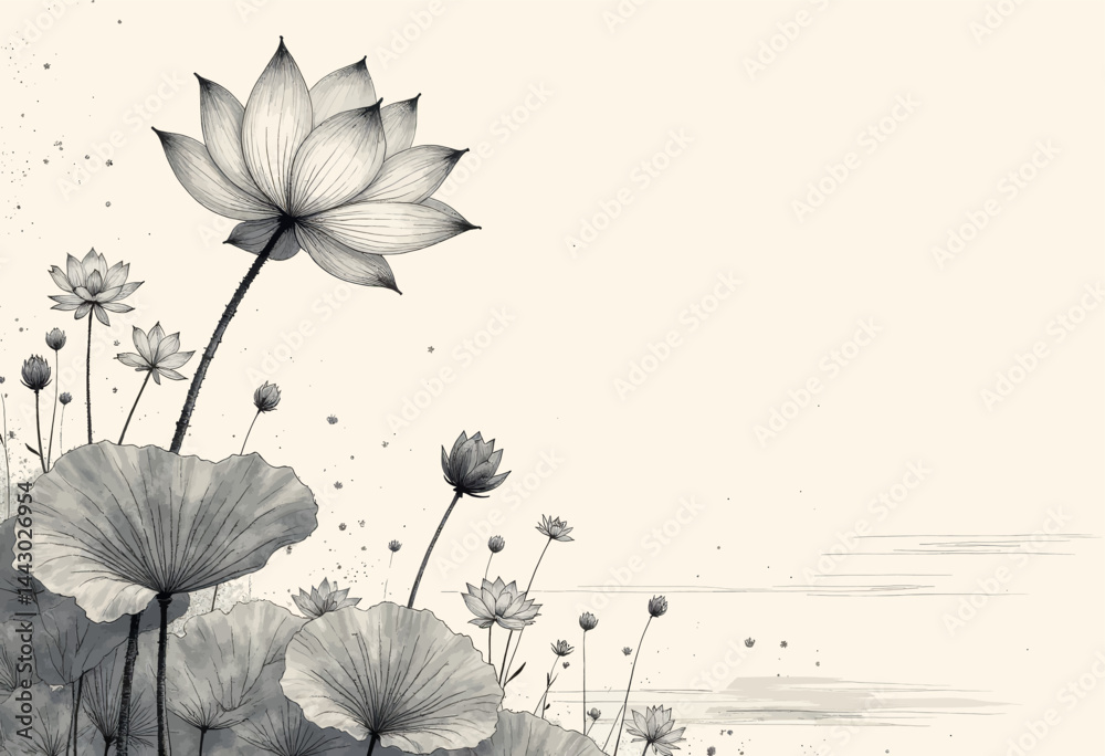 Lotus Flower Sketch with Leaves and Buds on Beige