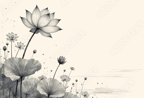 Obraz na płótnie Lotus Flower Sketch with Leaves and Buds on Beige w salonie