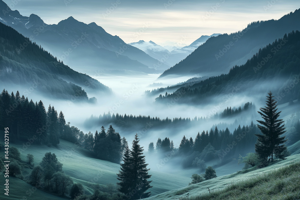 Obraz premium Majestic forested valley with morning mist and mountains in the distance