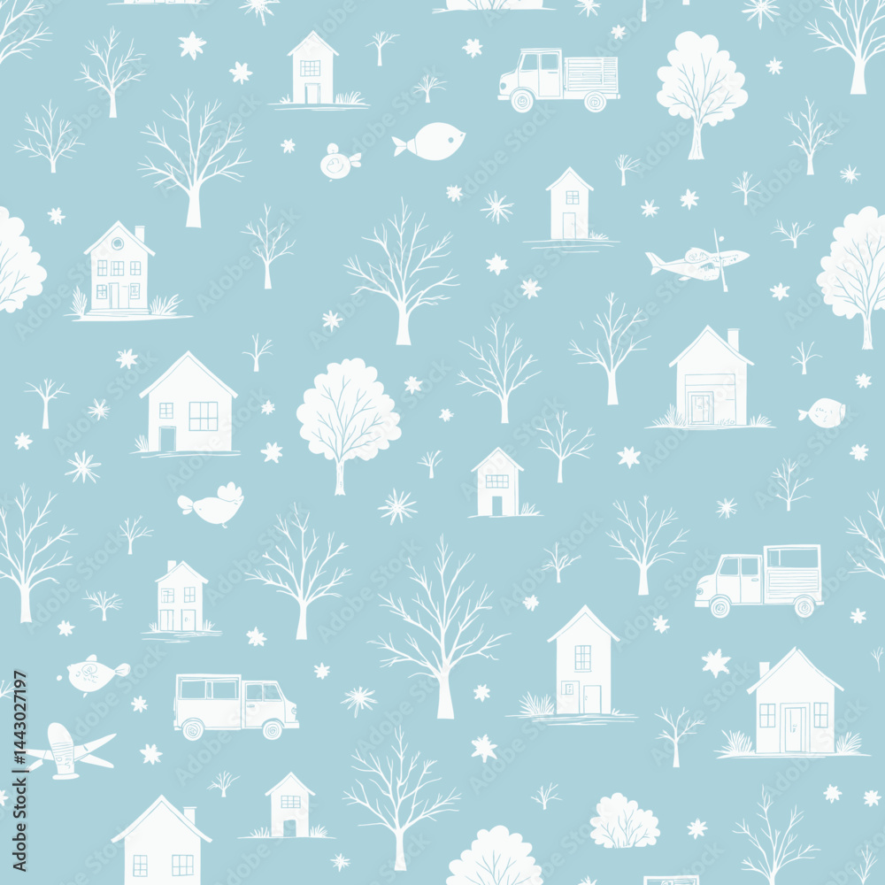 Light Blue Seamless Pattern with Houses, Trees, and Vehicles