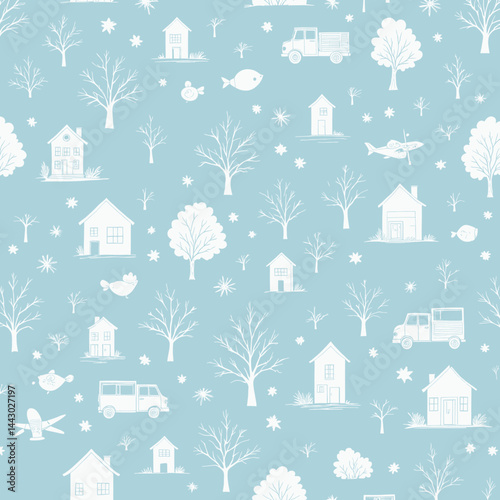 Obraz na płótnie Light Blue Seamless Pattern with Houses, Trees, and Vehicles w salonie