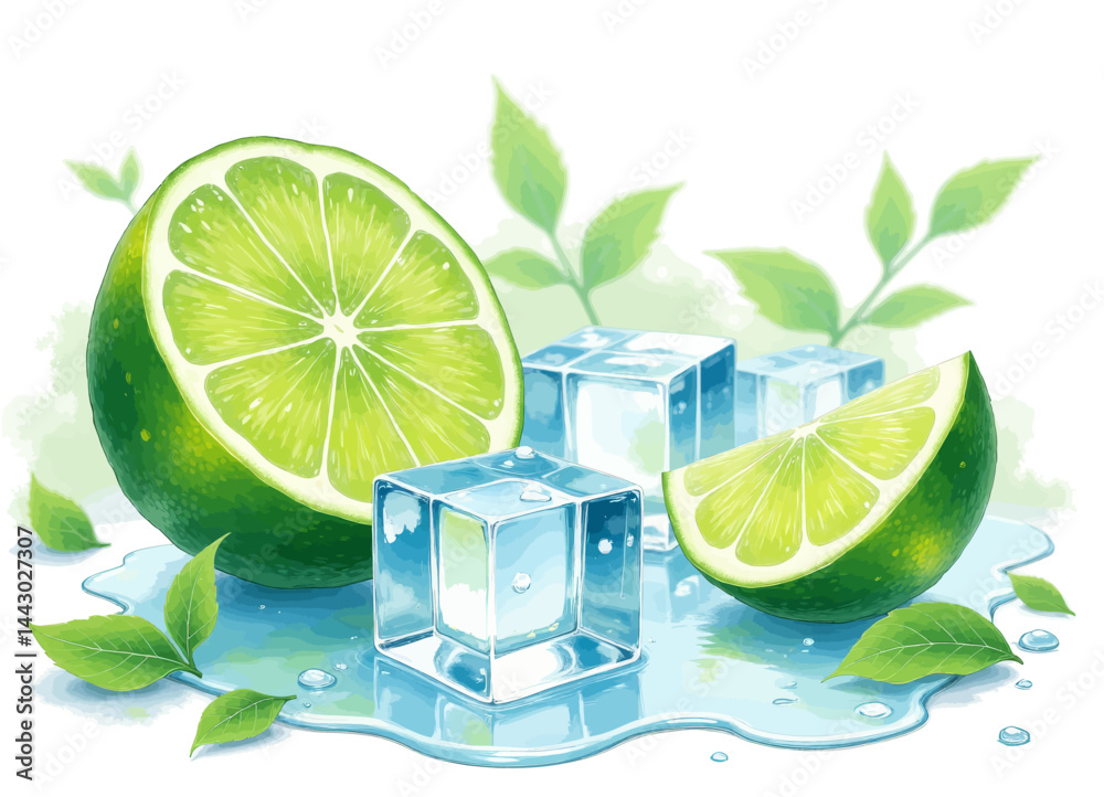 Lime Slices with Ice Cubes and Leaves