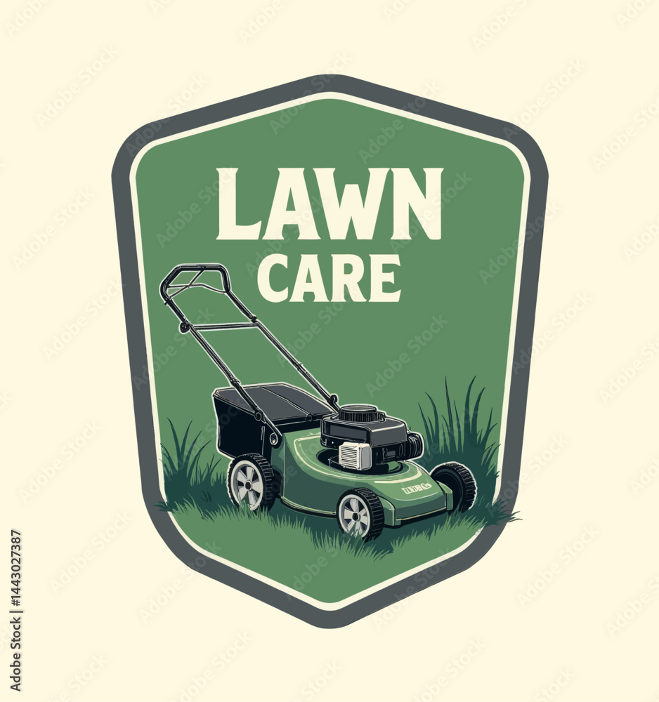 Lawn care emblem with mower in green grass