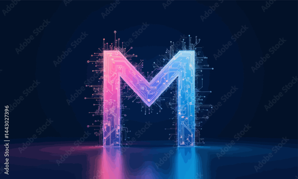 Letter M Circuit Board Pink Blue Glow