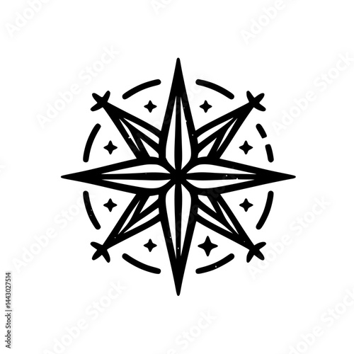 Black and White Textured Compass Rose Star Symbol Illustration for Navigation and Direction