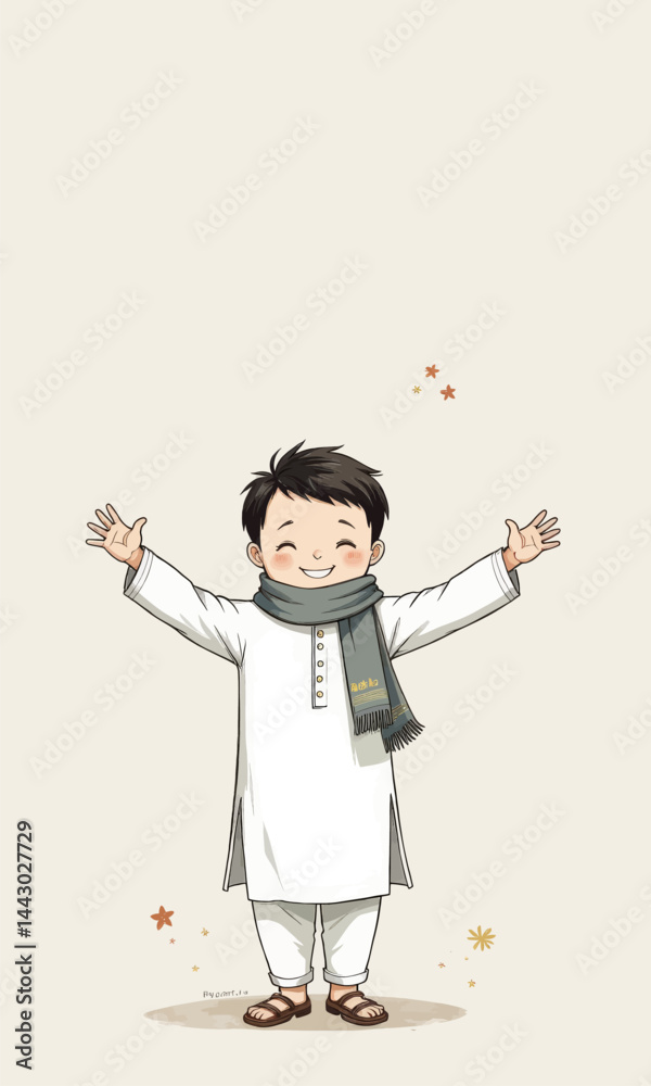 Joyful boy in kurta pajama with open arms and scarf