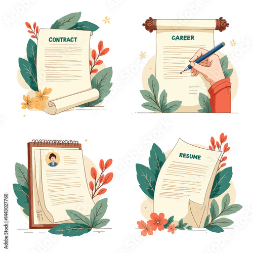 Obraz na płótnie Job Hunting: Contract, Career, Resume, and Application Set w salonie