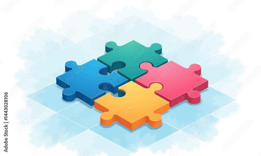 Isometric Puzzle Pieces in Blue, Green, Orange, and Red