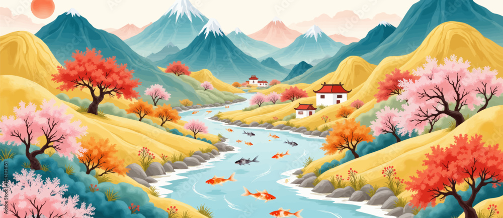 Japanese Landscape with Koi, Cherry Blossoms, and Mountains