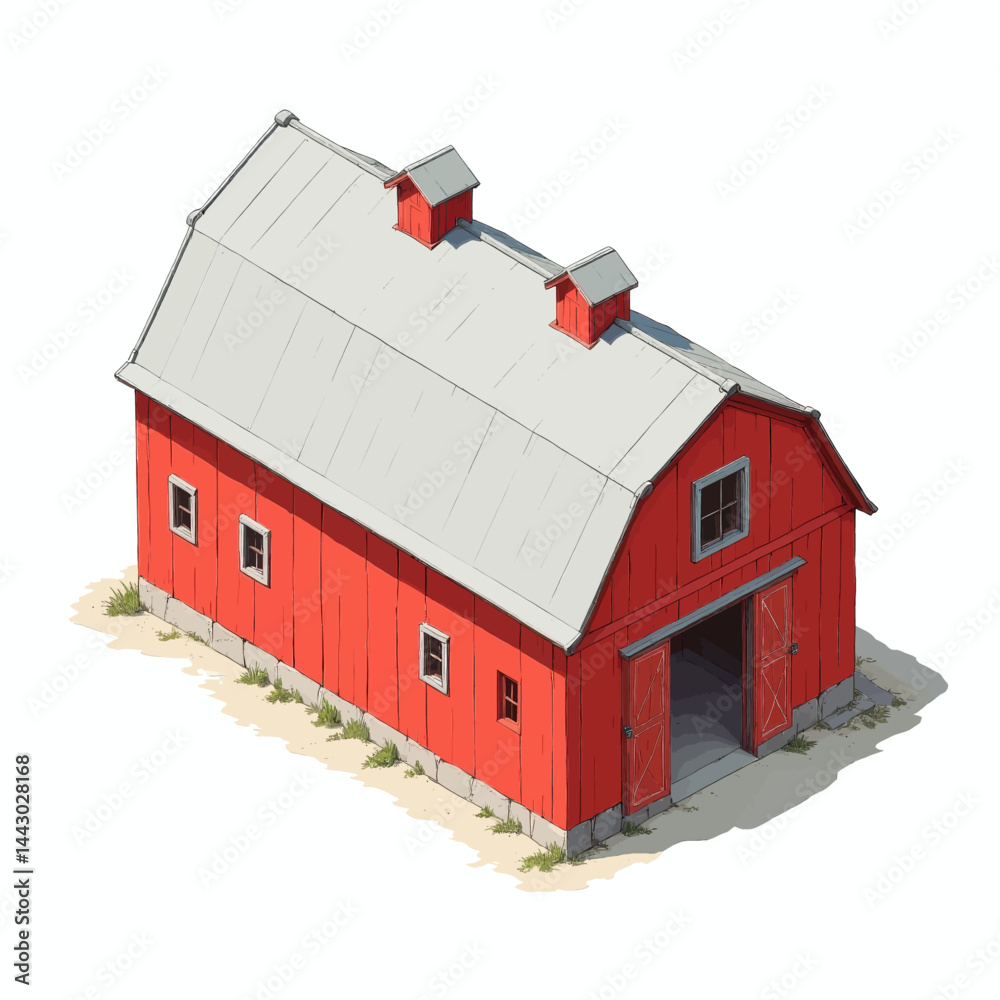 Isometric Red Barn with Gray Roof and Open Doors