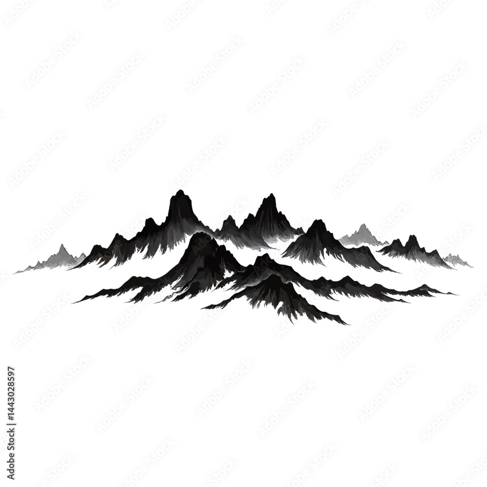 Ink wash painting of mountain range on white