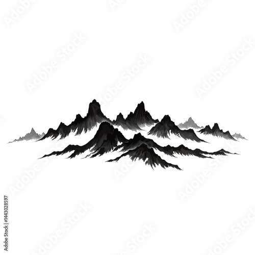 Ink wash painting of mountain range on white