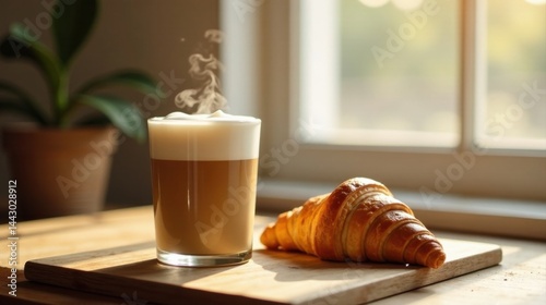 Aromatic coffee drink with frothy milk and a freshly baked croissant on a wooden board, bathed in morning sunlight