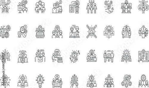 Core values line icon set. Vector pictograms of principles, business ethics, teamwork, leadership, diversity, integrity, trust, innovation