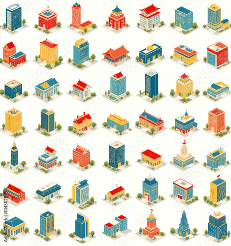 Obraz na płótnie Isometric Cityscape: Diverse Architectural Styles, Buildings w salonie