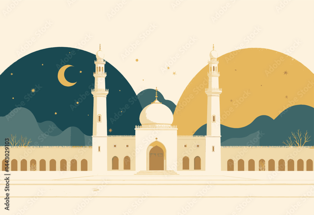 Illustrated Mosque with Crescent Moon and Stars