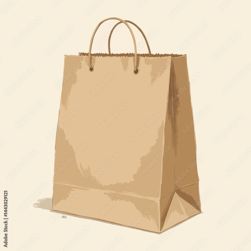 Illustrated brown paper shopping bag with handles