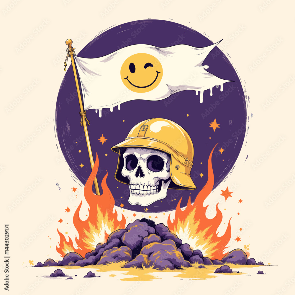 Humorous Skull in Helmet with Winking Egg Flag on Fire
