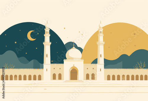 Obraz na płótnie Illustrated Mosque with Crescent Moon and Stars w salonie