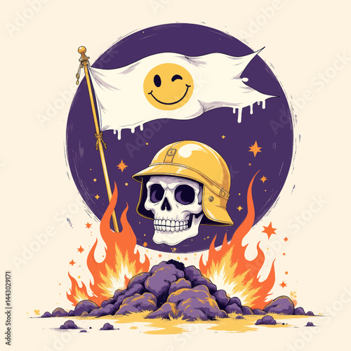 Obraz na płótnie Humorous Skull in Helmet with Winking Egg Flag on Fire w salonie