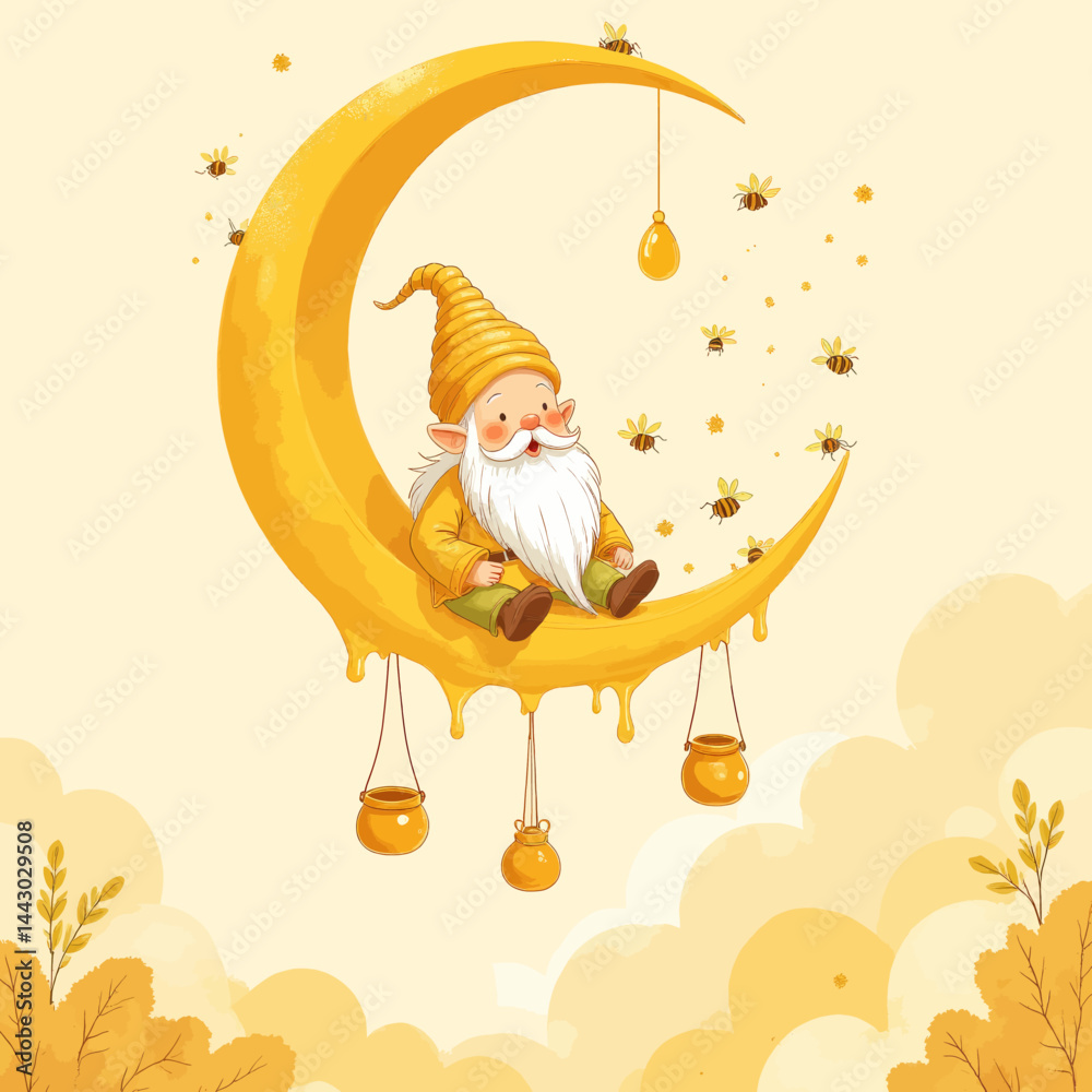 Honey Moon Gnome with Bees and Hanging Pots