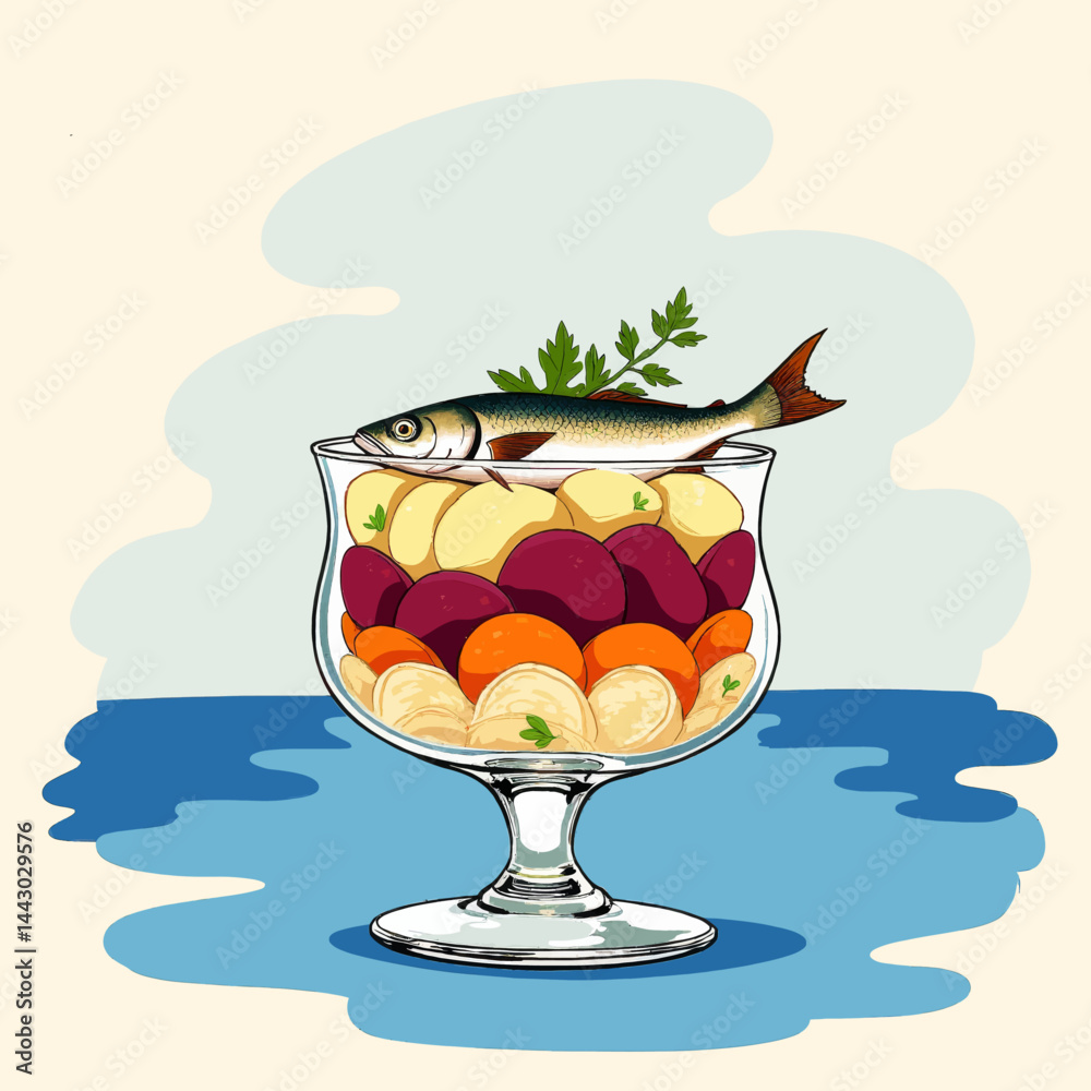 Herring salad in a glass bowl with vegetables