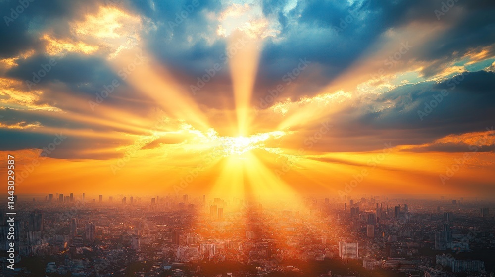 Obraz premium Dramatic sunset over city skyline with sun rays breaking through clouds.