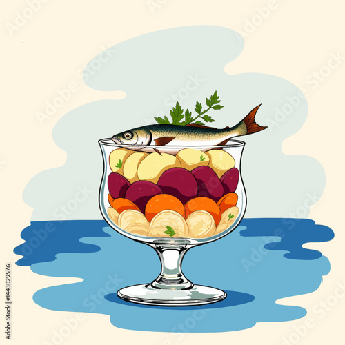 Obraz na płótnie Herring salad in a glass bowl with vegetables w salonie
