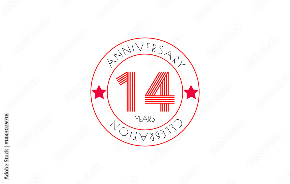 Fourteenth anniversary logo featuring red circular design with stars and text marking a celebration on a white background. Fourteenth anniversary logo featuring red circular design with stars and text marking a celebration on a white background.